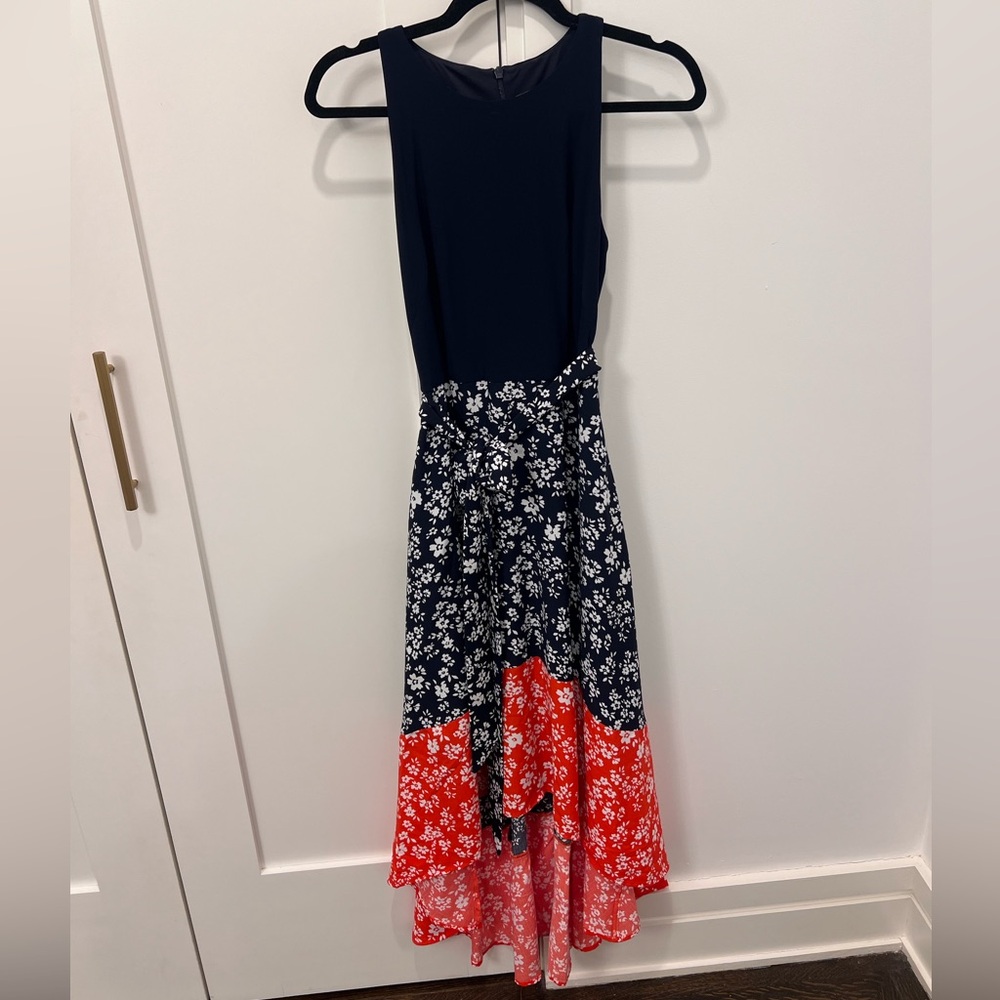 Vince Camuto High Low Navy Red-Orange & White Dress